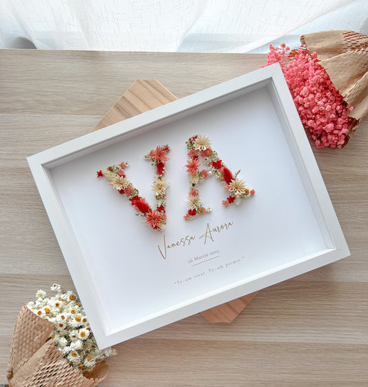 2‑Initial Floral Baby Frame with Preserved Flowers & Gold Foil – Personalized Gift 30x40