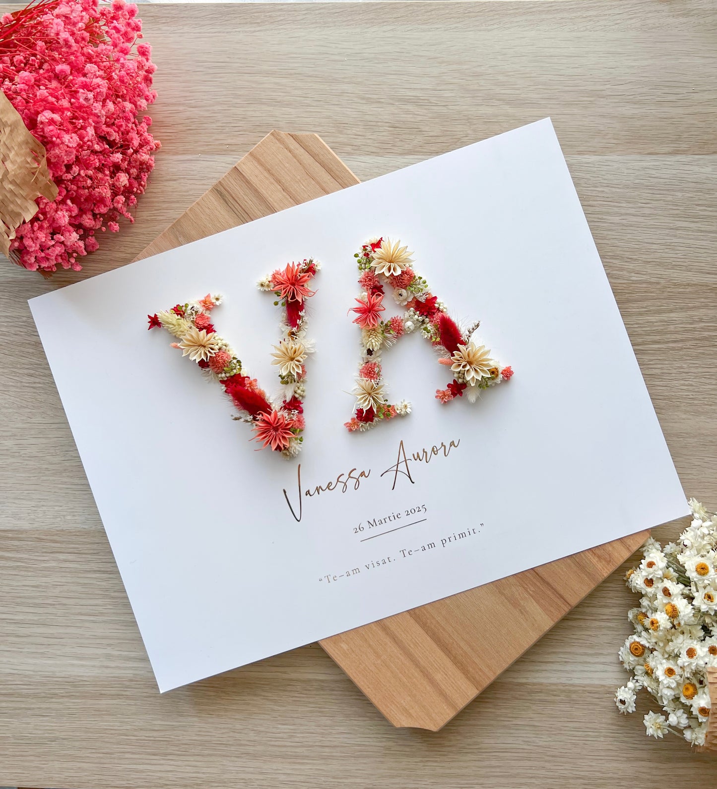 2‑Initial Floral Baby Frame with Preserved Flowers & Gold Foil – Personalized Gift 30x40