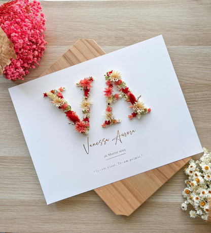 2‑Initial Floral Baby Frame with Preserved Flowers & Gold Foil – Personalized Gift 30x40