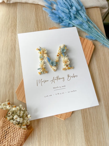 2‑Initial Floral Baby Frame with Preserved Flowers & Gold Foil – Personalized Gift 30x40