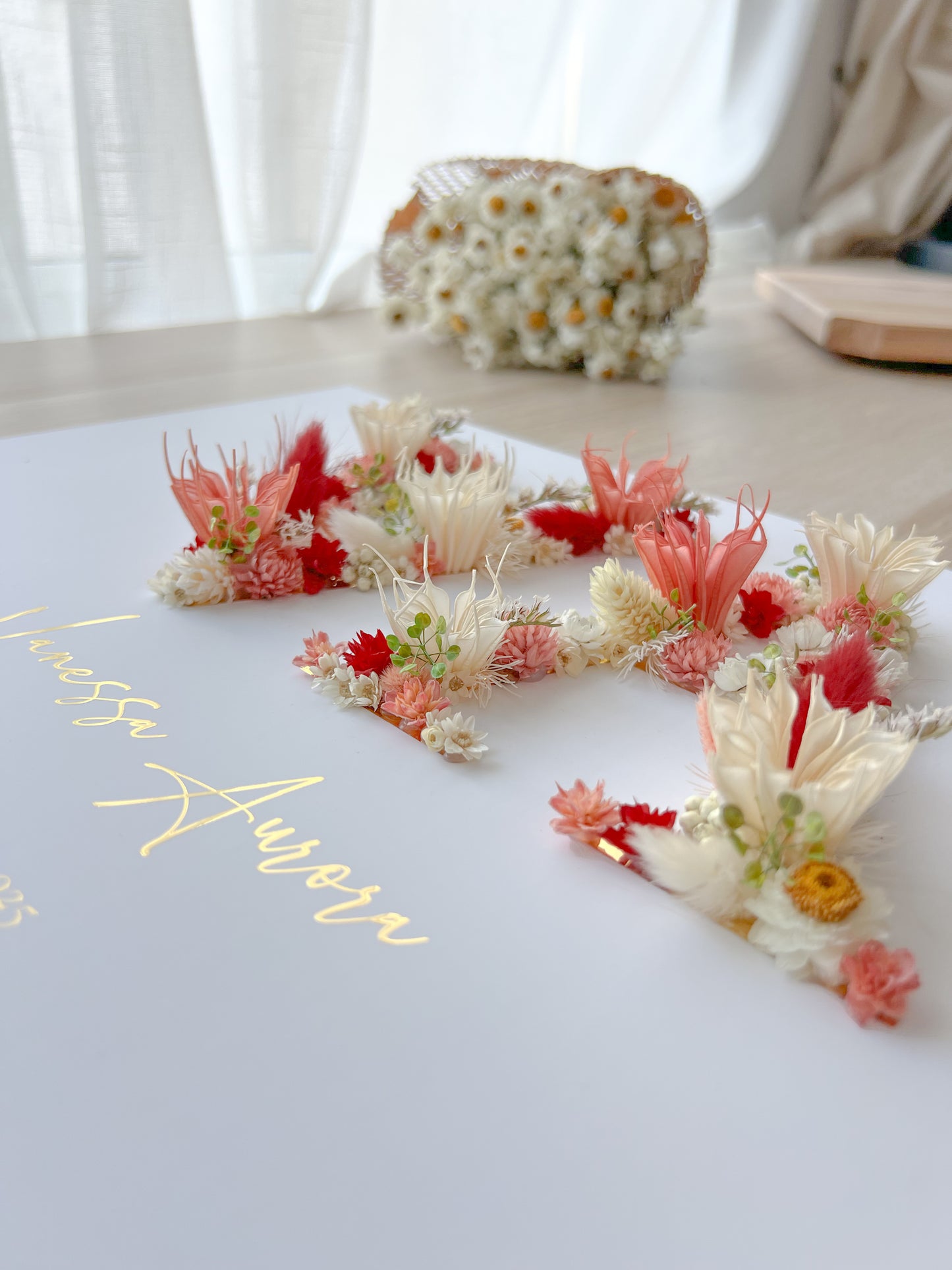 2‑Initial Floral Baby Frame with Preserved Flowers & Gold Foil – Personalized Gift 30x40