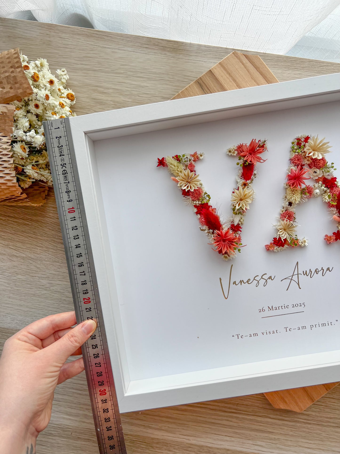 2‑Initial Floral Baby Frame with Preserved Flowers & Gold Foil – Personalized Gift 30x40