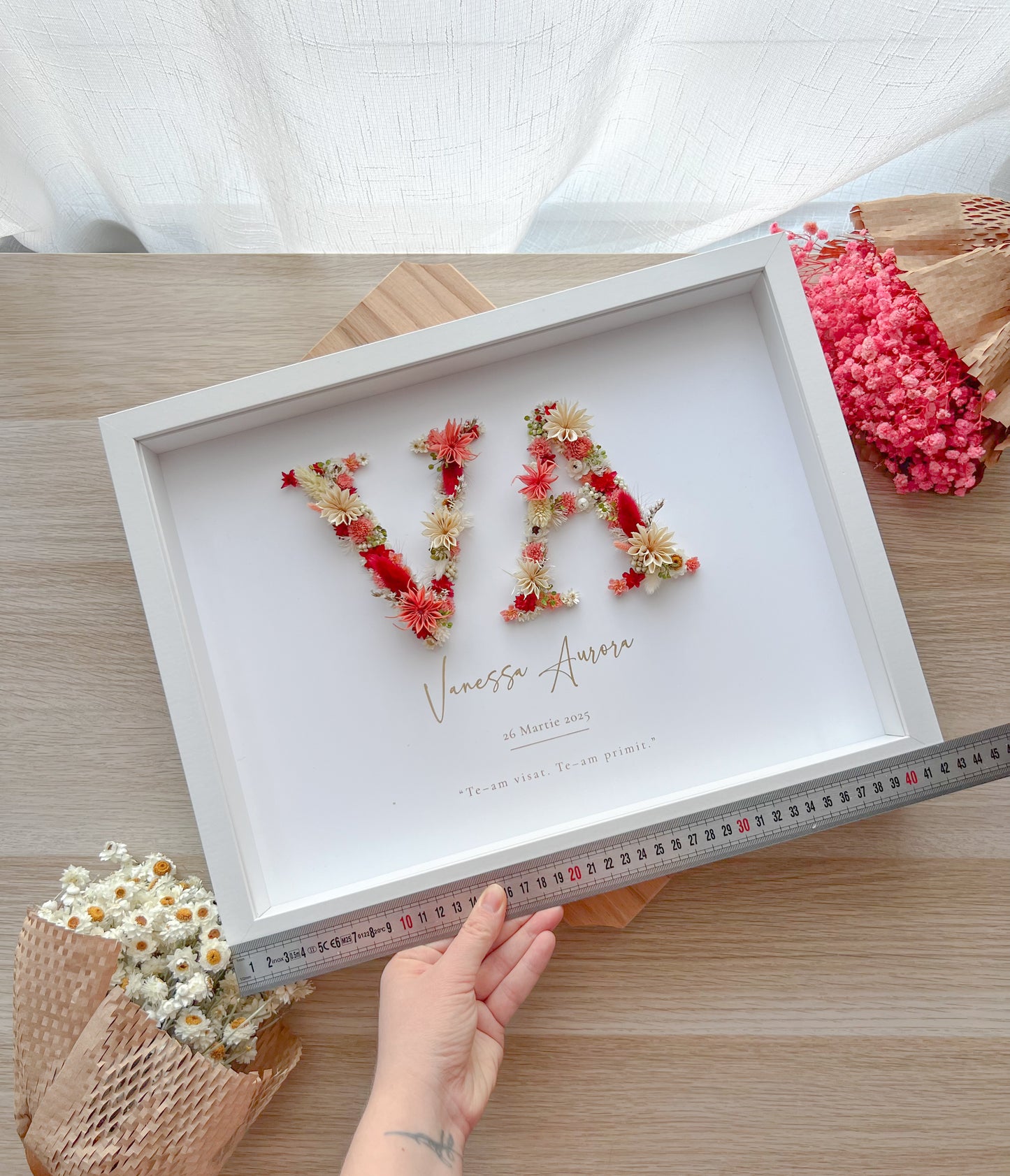 2‑Initial Floral Baby Frame with Preserved Flowers & Gold Foil – Personalized Gift 30x40